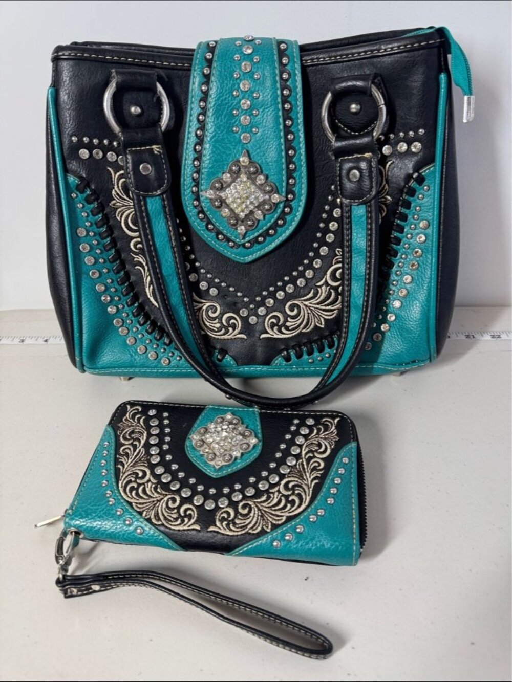 Montana West Western Handbag & Wallet Set Turquoise Black Studded Boho Rustic - Picture 2 of 16